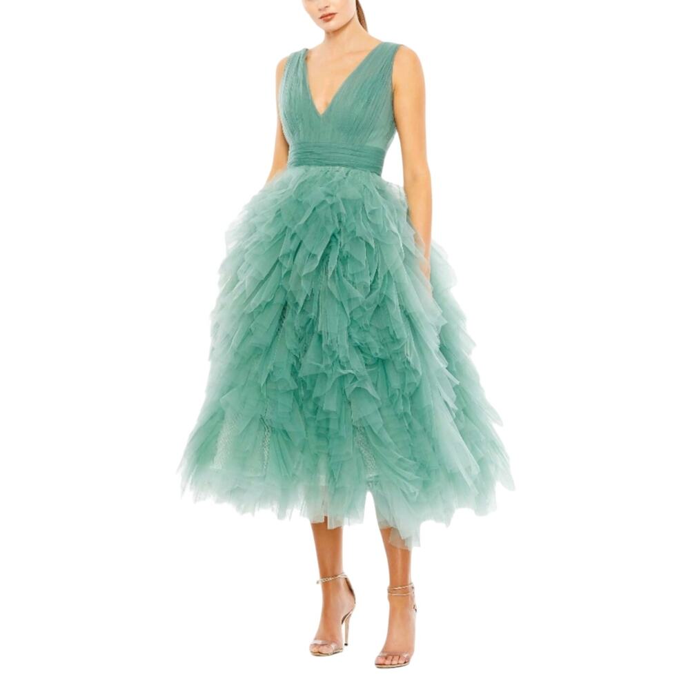 Mac Duggal 20411 Green Ball Gown Tiered Ruffled Chiffon Formal Dress Size 12
